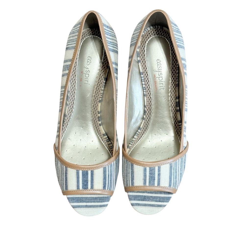 Easy Spirit Brigette Size-8W Blue White Striped Espadrille Wedge Peep Toe Shoes